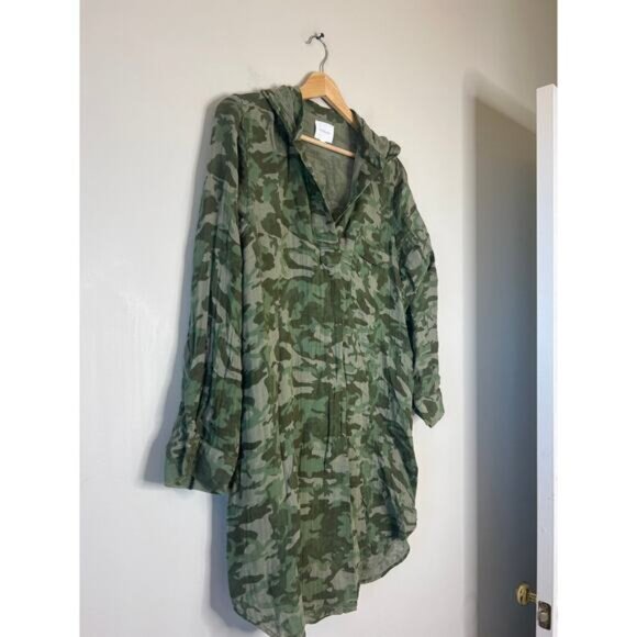 NEW Sundays Lucia Camouflage Gauze V Neck Hoodie Dress Green Size: 1 - Picture 3 of 7